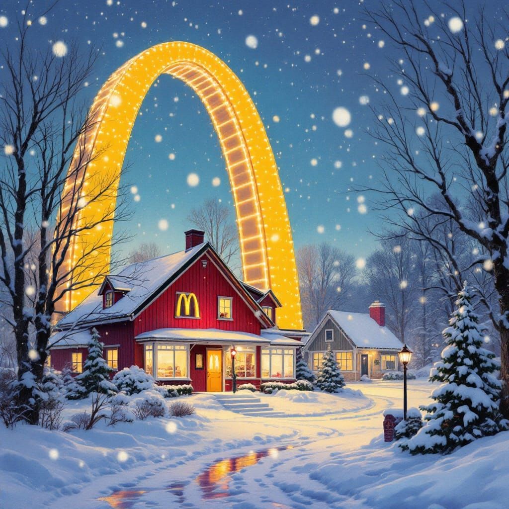 McDonald's Arches in Snowy Landscape, Pop Art Style