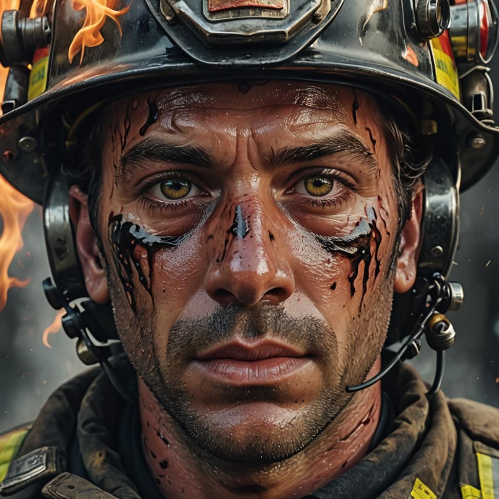 Firefighter's Gaze: Flames Reflected in a Hero's Eyes