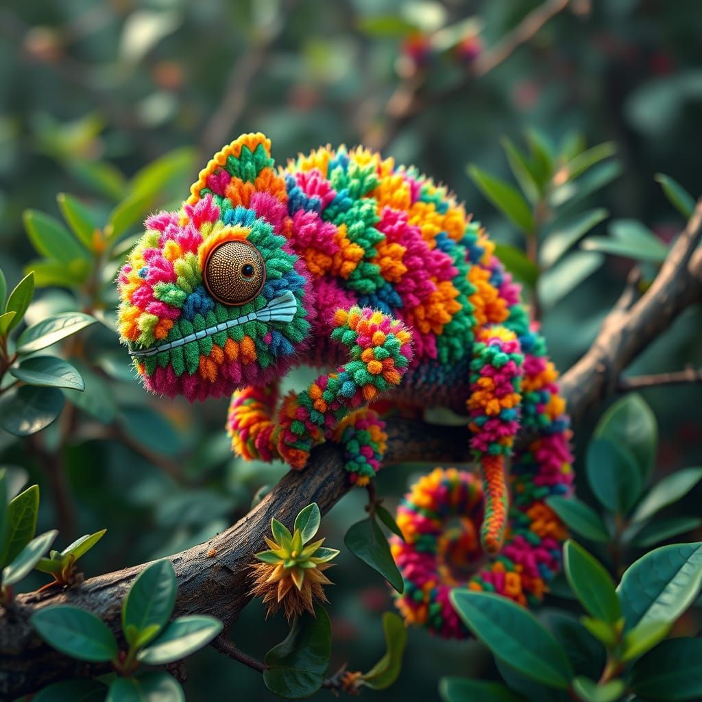 Fluffy Pom Pom Chameleon on Branch in Fantasy Art