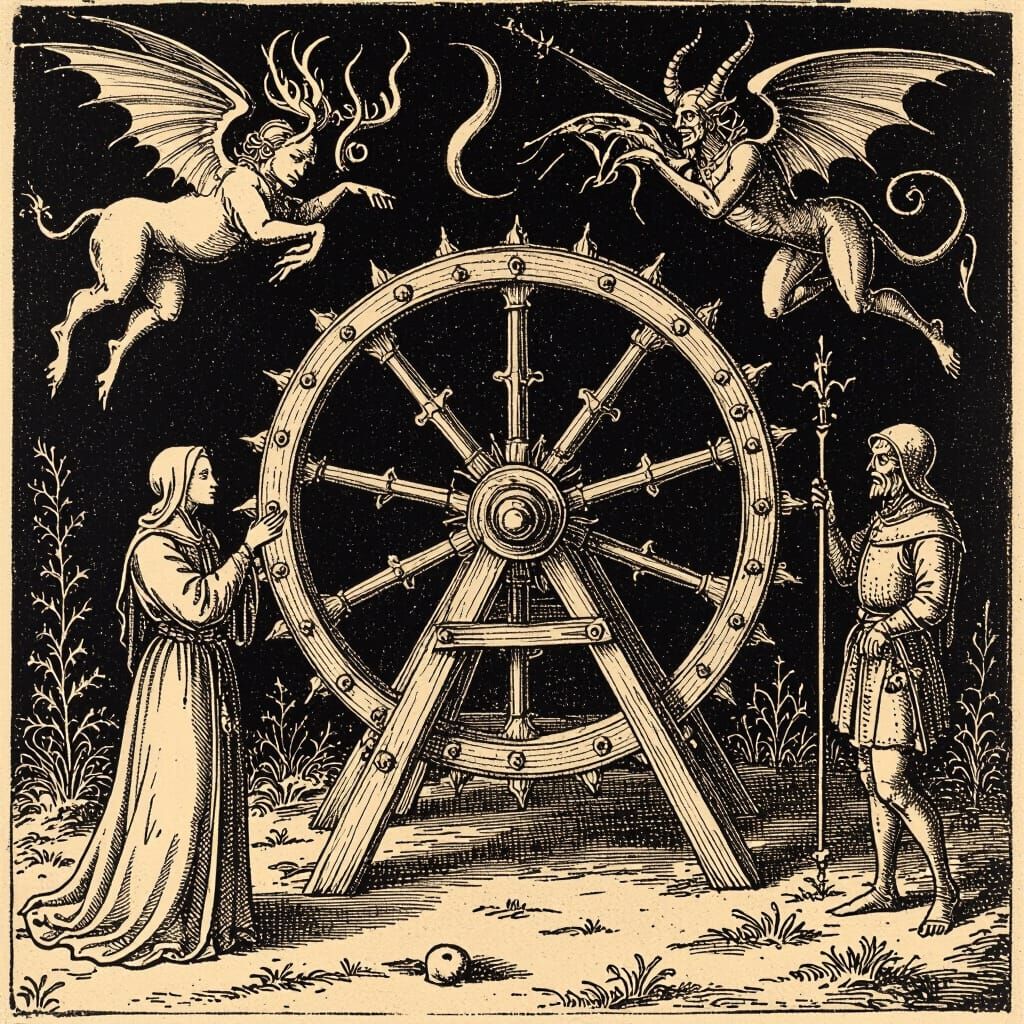 Medieval Wagon Wheel Scene with Winged Devils