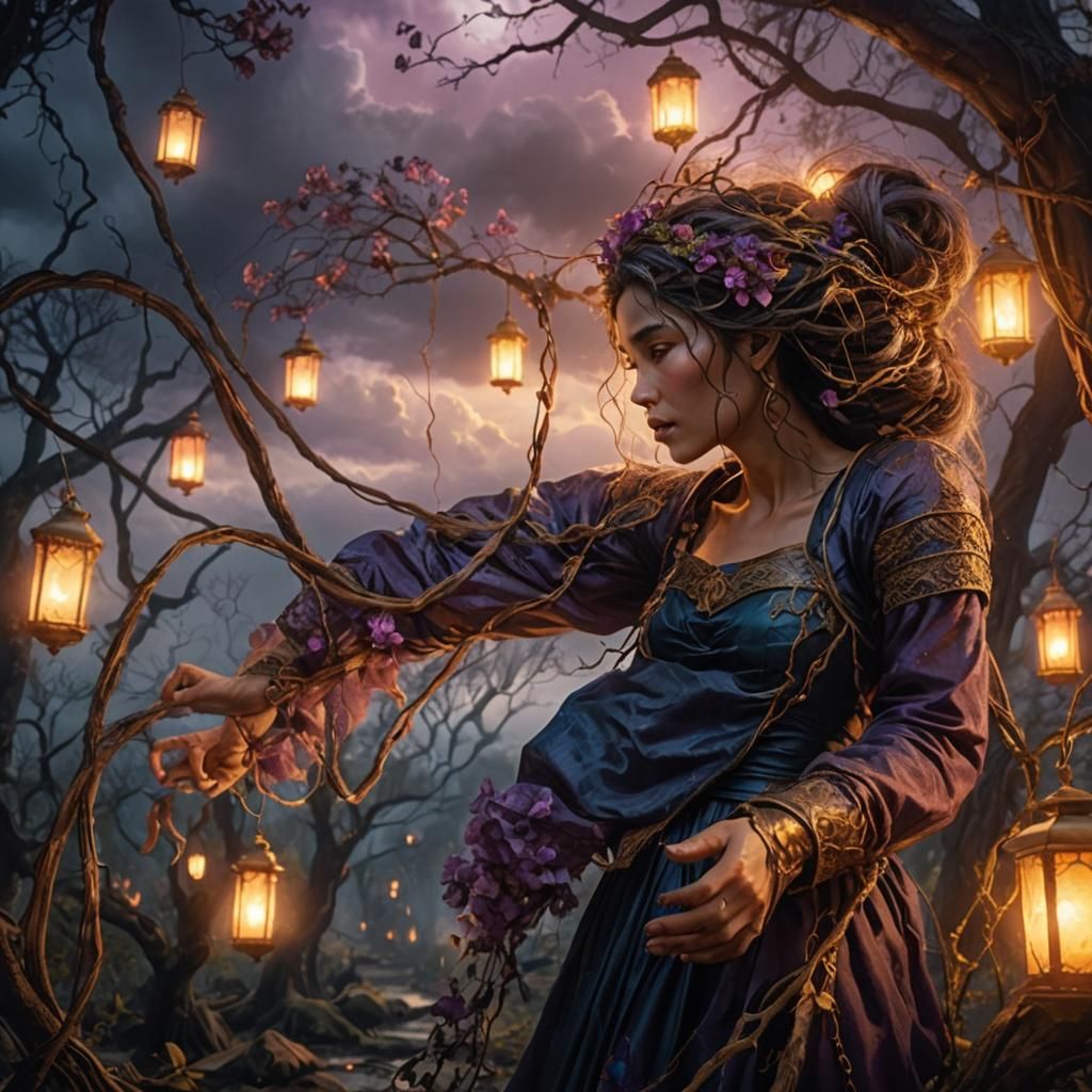 Desperate Lady in Dark Fantasy Landscape