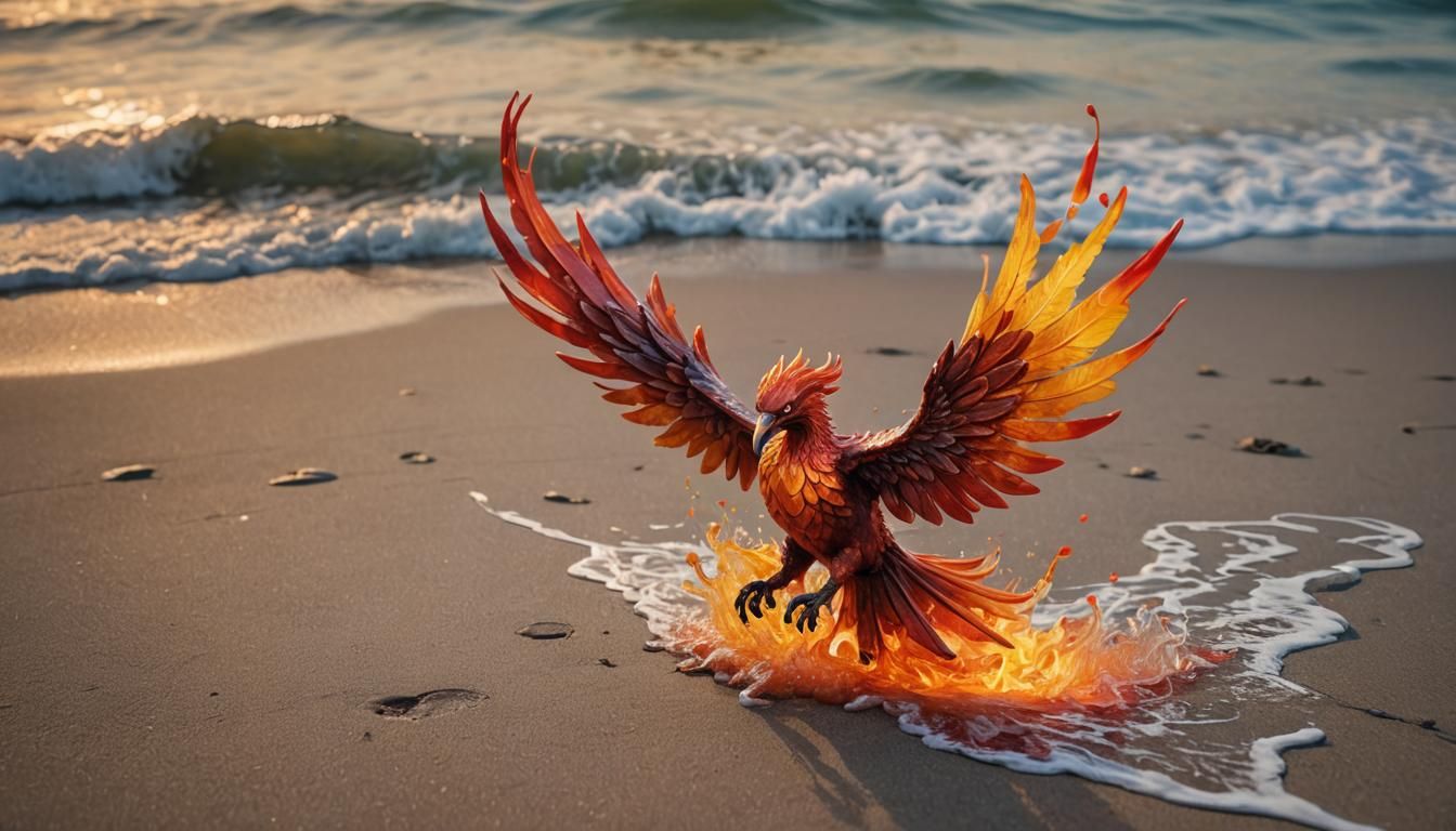 Fiery Phoenix Flies Over Beach at Sunrise