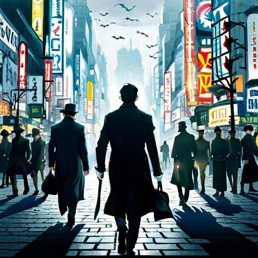 Anime Sherlock Holmes Cyberpunk Chase in Miyazaki Style