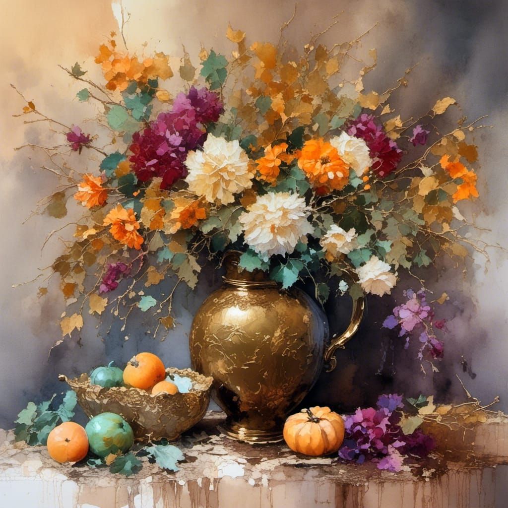 Autumn Gourds Still Life in Watercolor Impasto Style