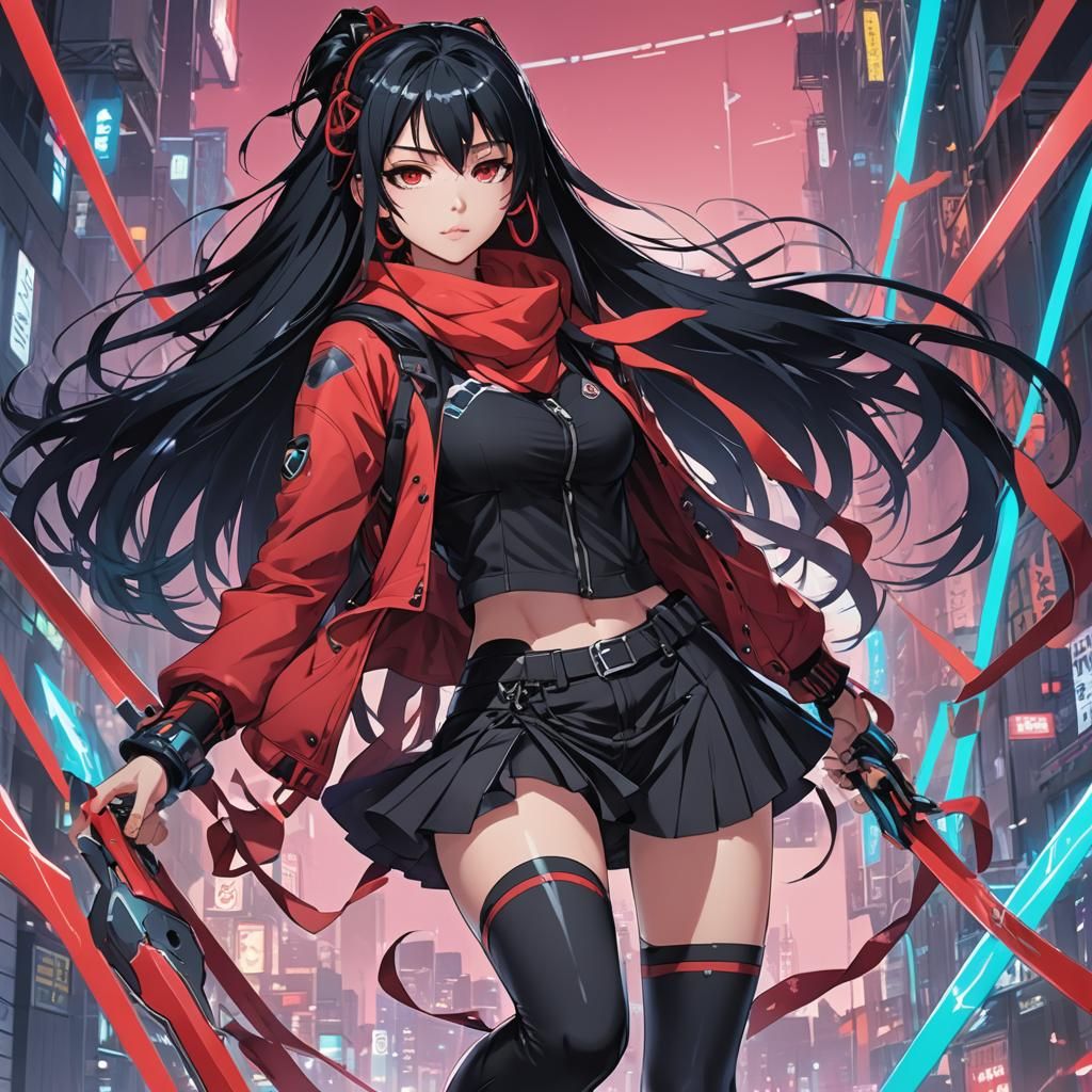 Cyborg Anime Girl with Neon Blades in Manga Style