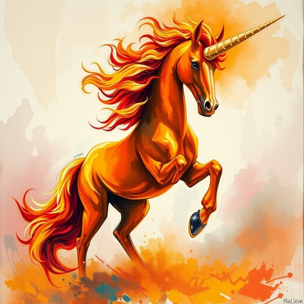 Fiery Unicorn in Impressionist Gouache and Watercolor