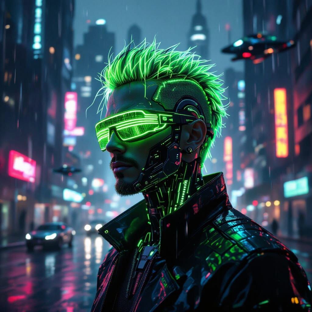 Cyberpunk Man with Neon Hair in Futuristic Cityscape