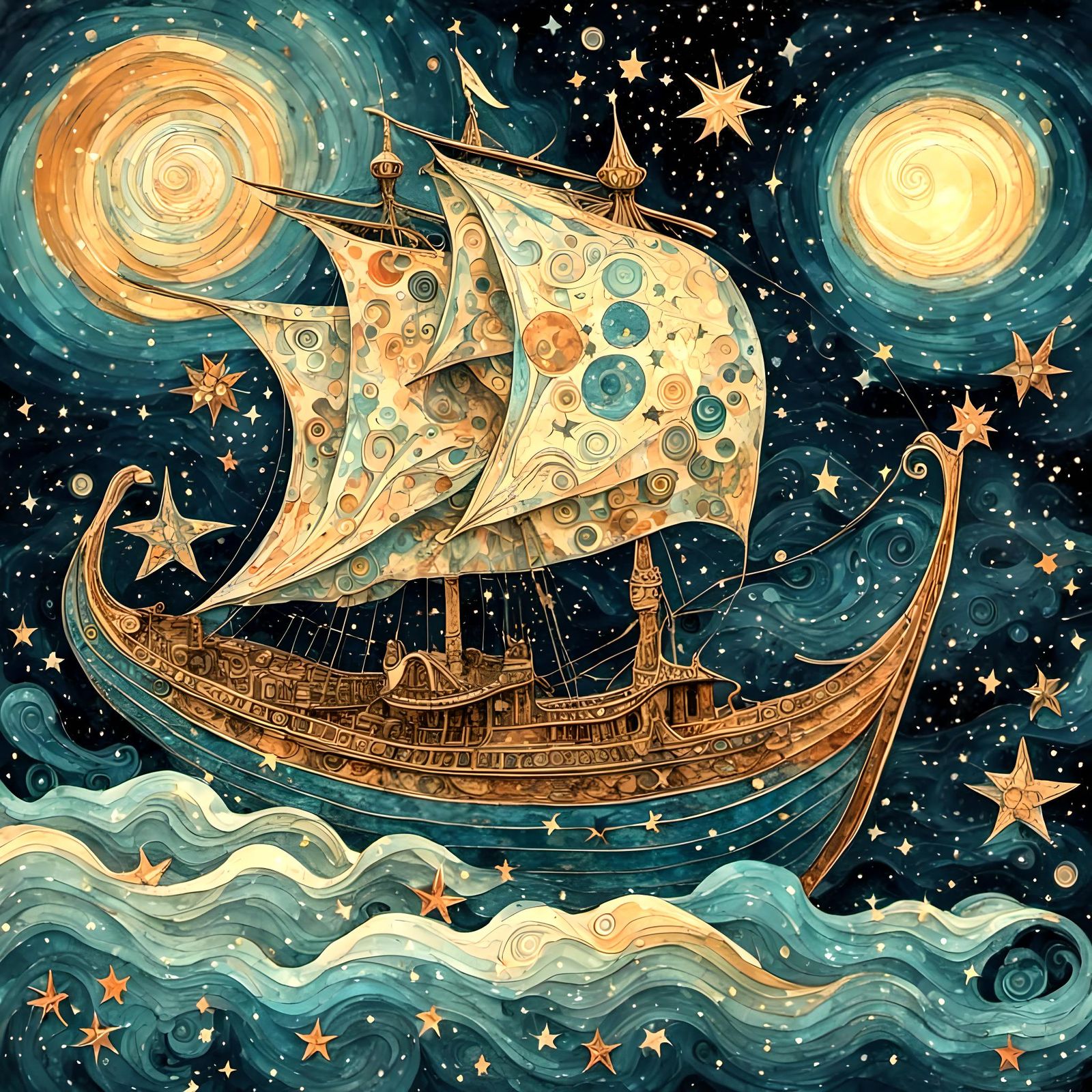 Viking Ship Sailing Through Starry Sky