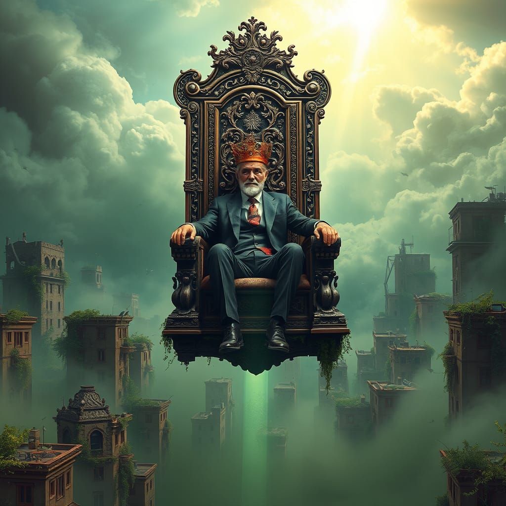 King on Floating Throne Above Ruins