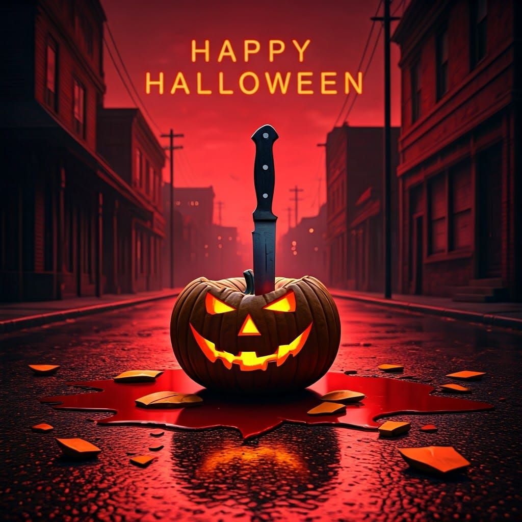 dark halloween night. a smashed pumpkin lies in a red puddle, in the pumpkin is a big knife. background dark small town ...