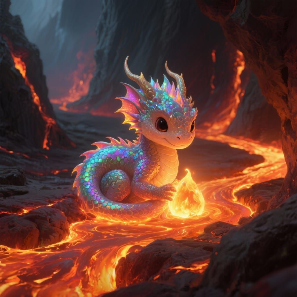 Baby Dragon of Light and Lava in Volcanic Cave