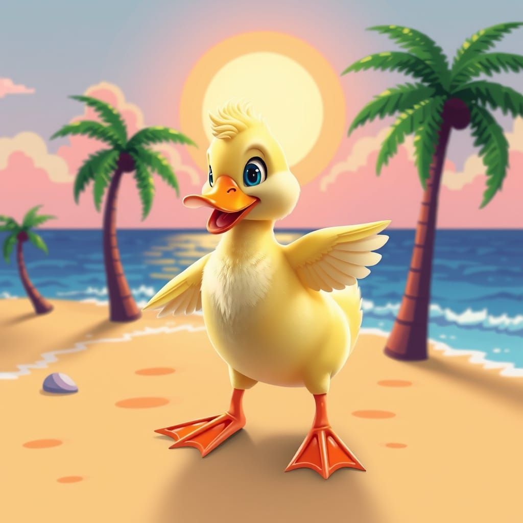 Dancing Duckling on Pixel Art Beach