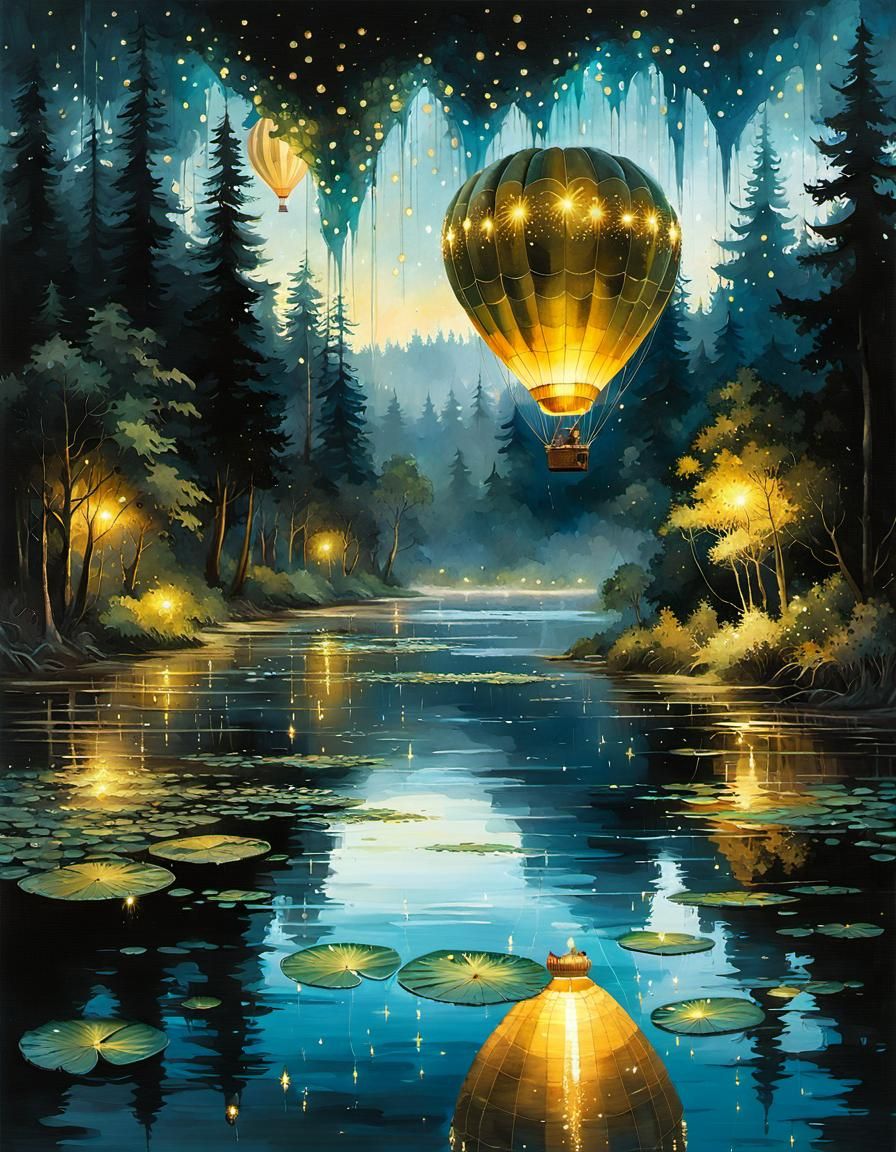 Magical Hot Air Balloon Journey in Bioluminescent Forest