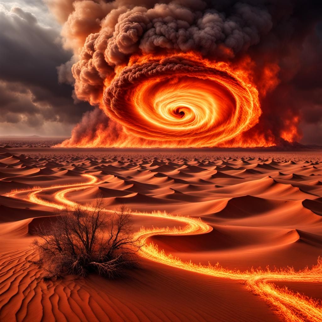 Fiery Desert Cyclone in Hyperrealistic Style