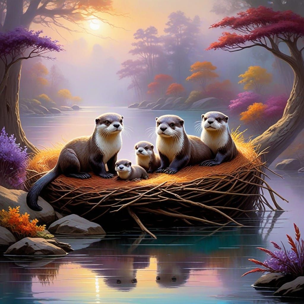 Brown Otters with Family of Baby Otters in a Foggy Lake Scen...