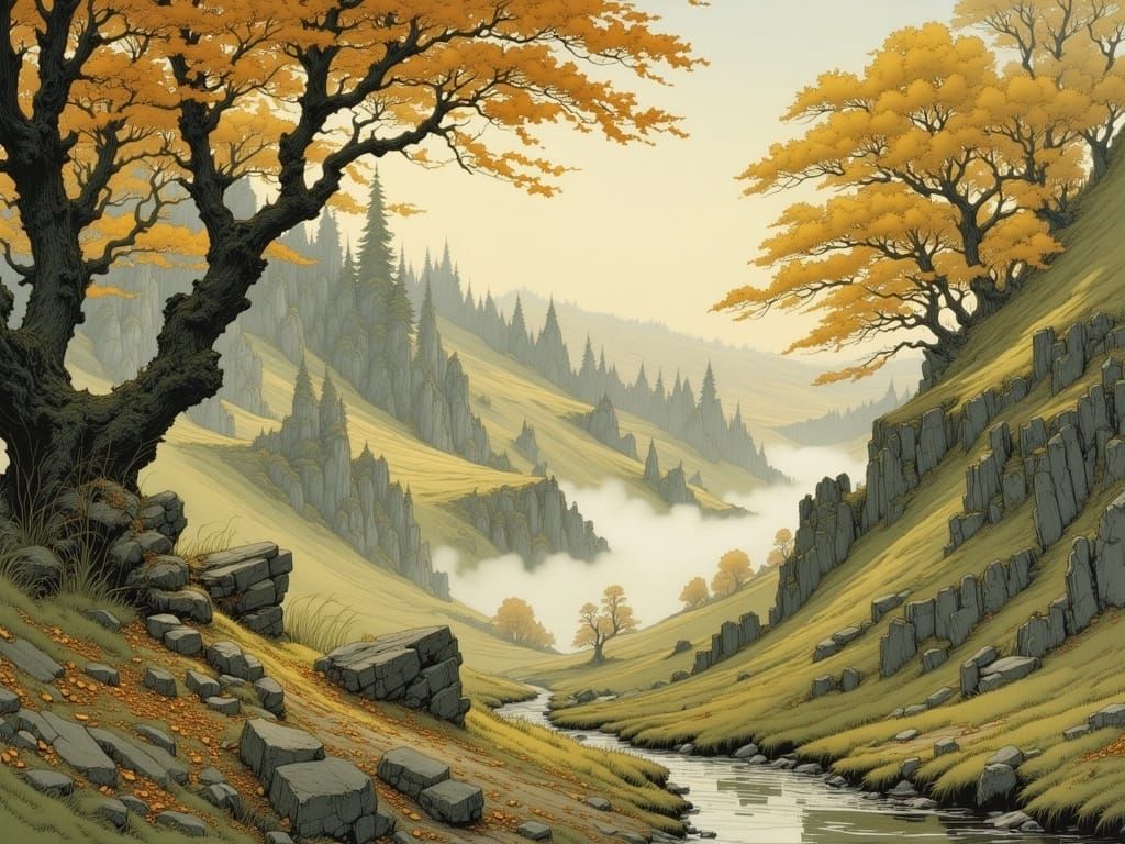 Autumn Morning in a Valley Landscape with Fog