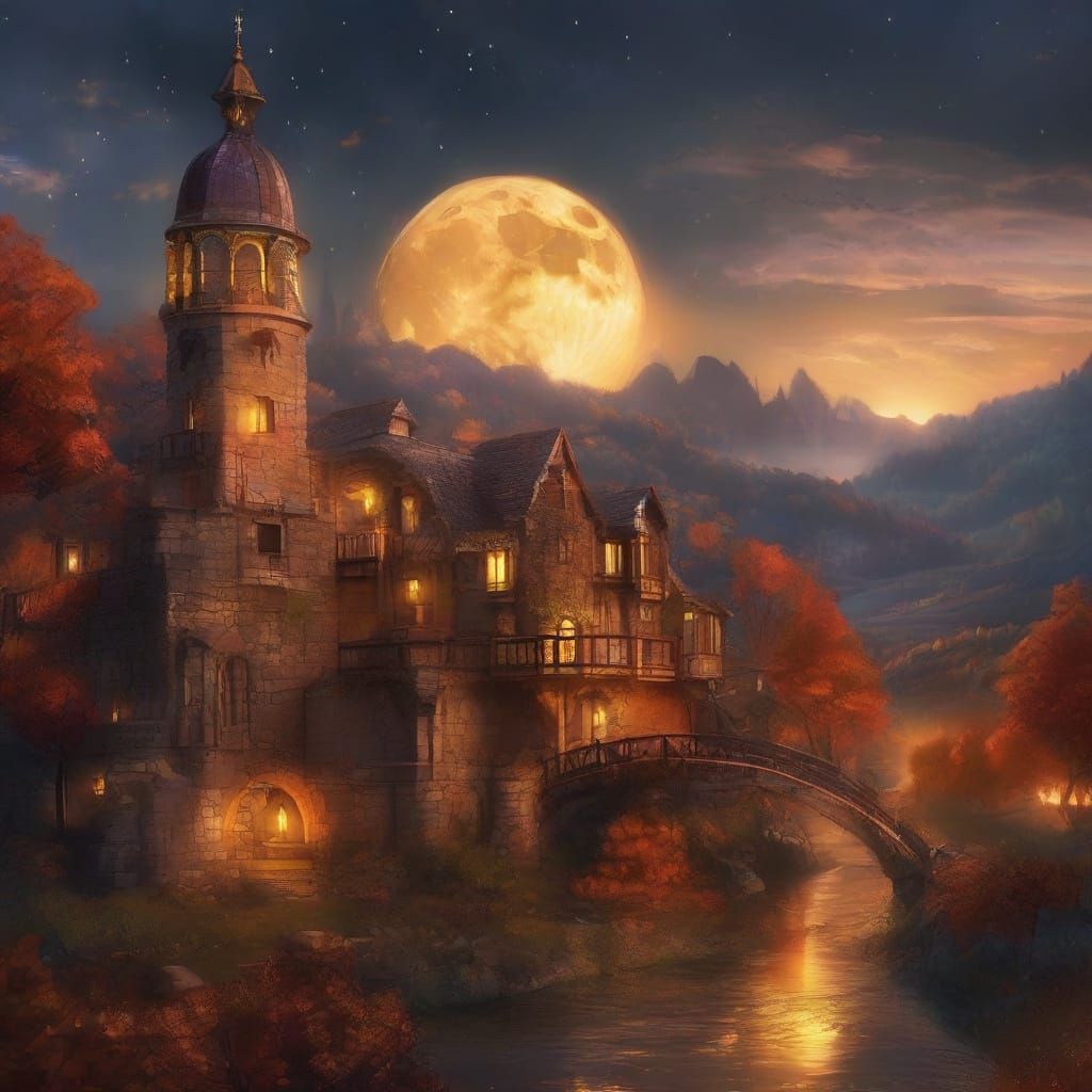 Colossal Moon over Fantasy Medieval Town