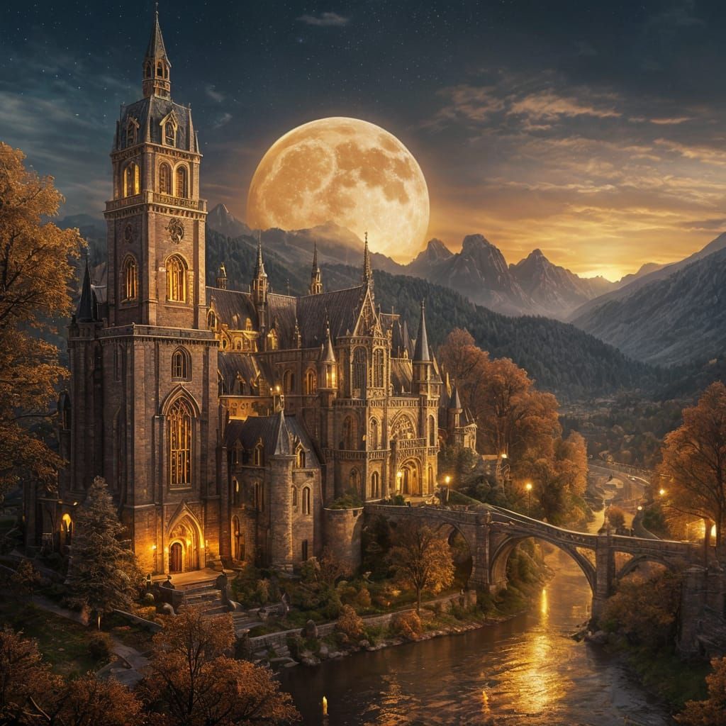 Epic Surreal Landscape with Golden Moon