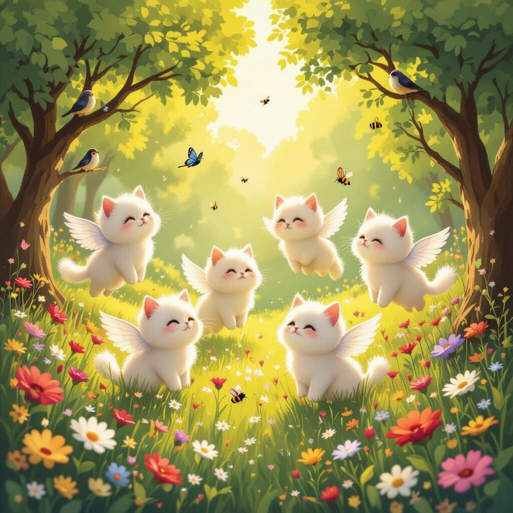 Ten Angel Cats in Flowery Meadow with Birds and Butterflies