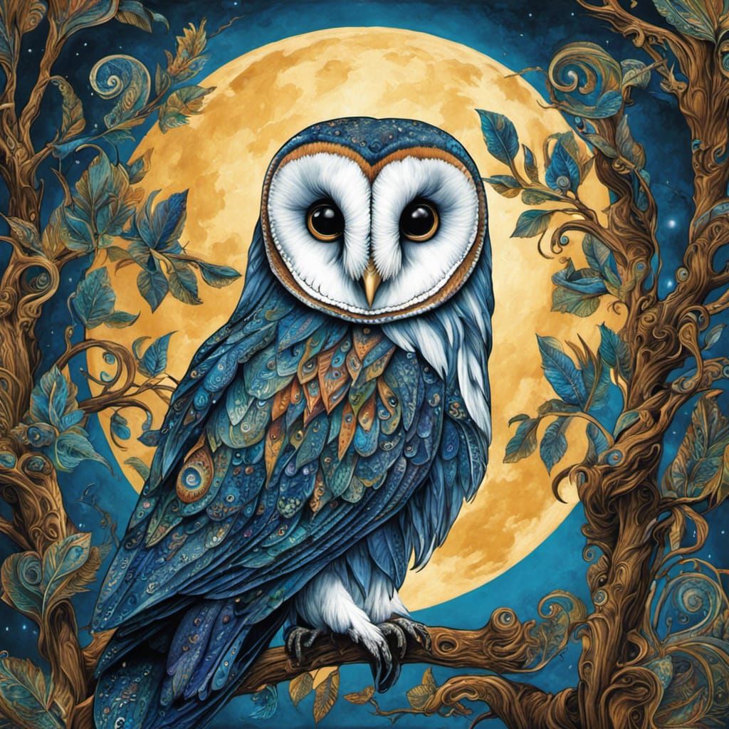 Gothic Barn Owl Under Blue Moon, Graffiti Art