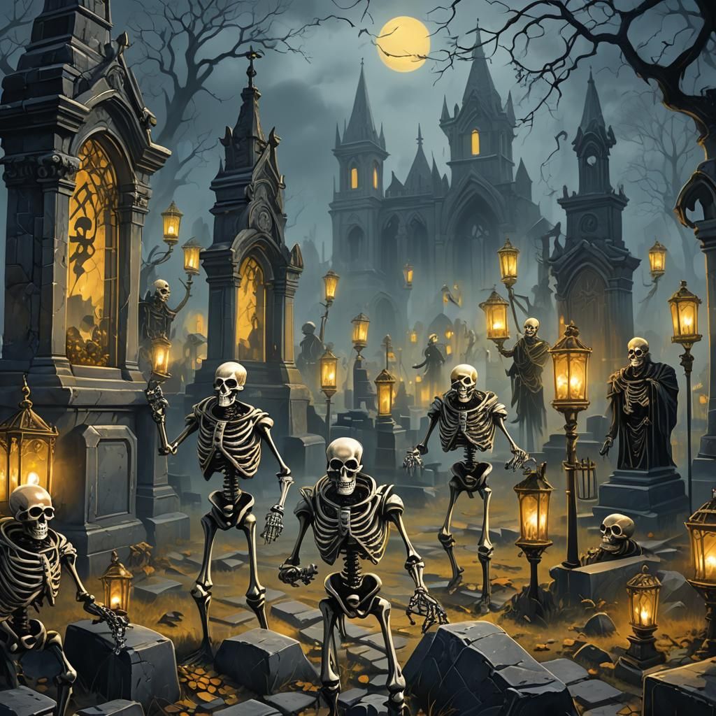Sinister Skeletons March Through Gothic Cemetery
