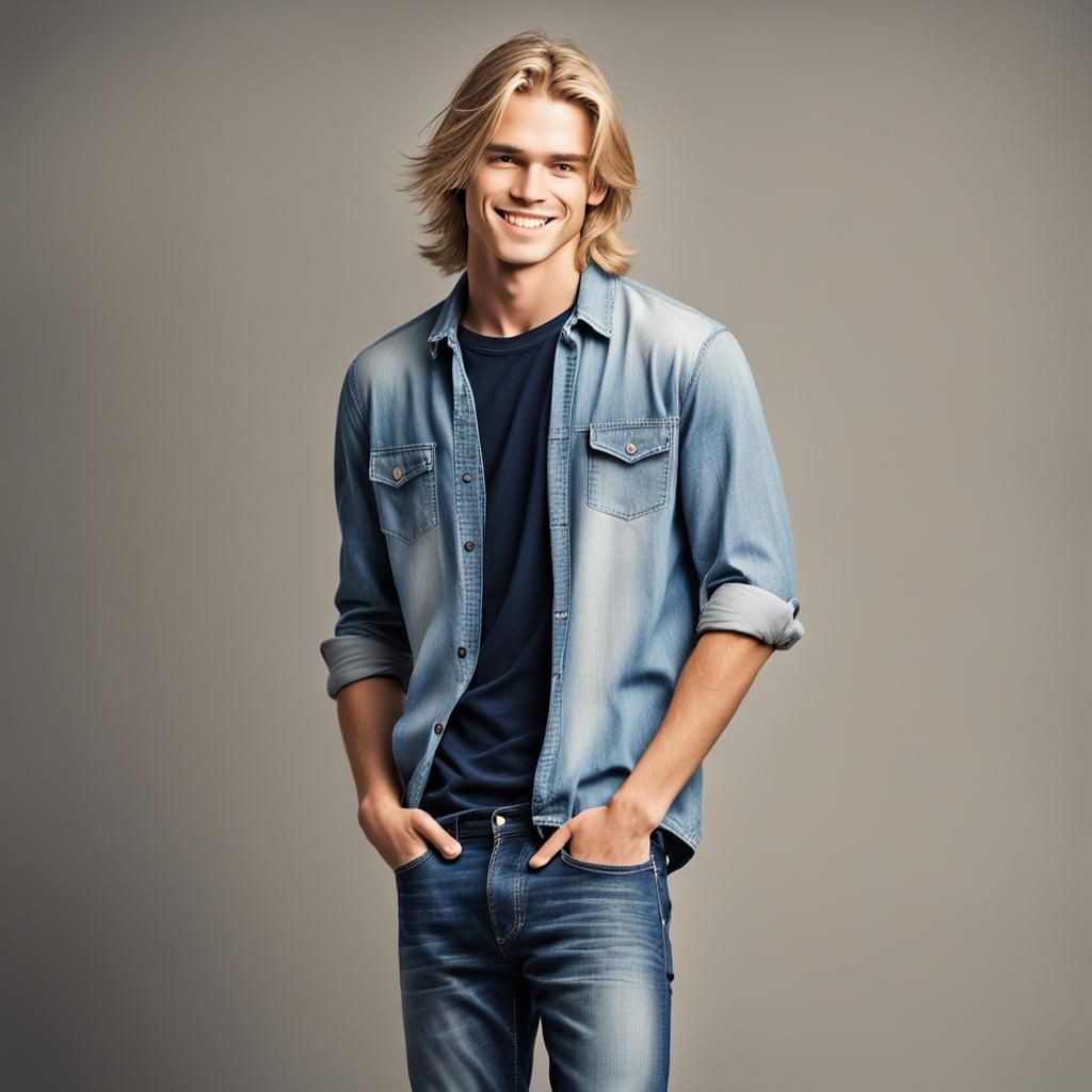 Handsome Blond Man with Long Hair Posing