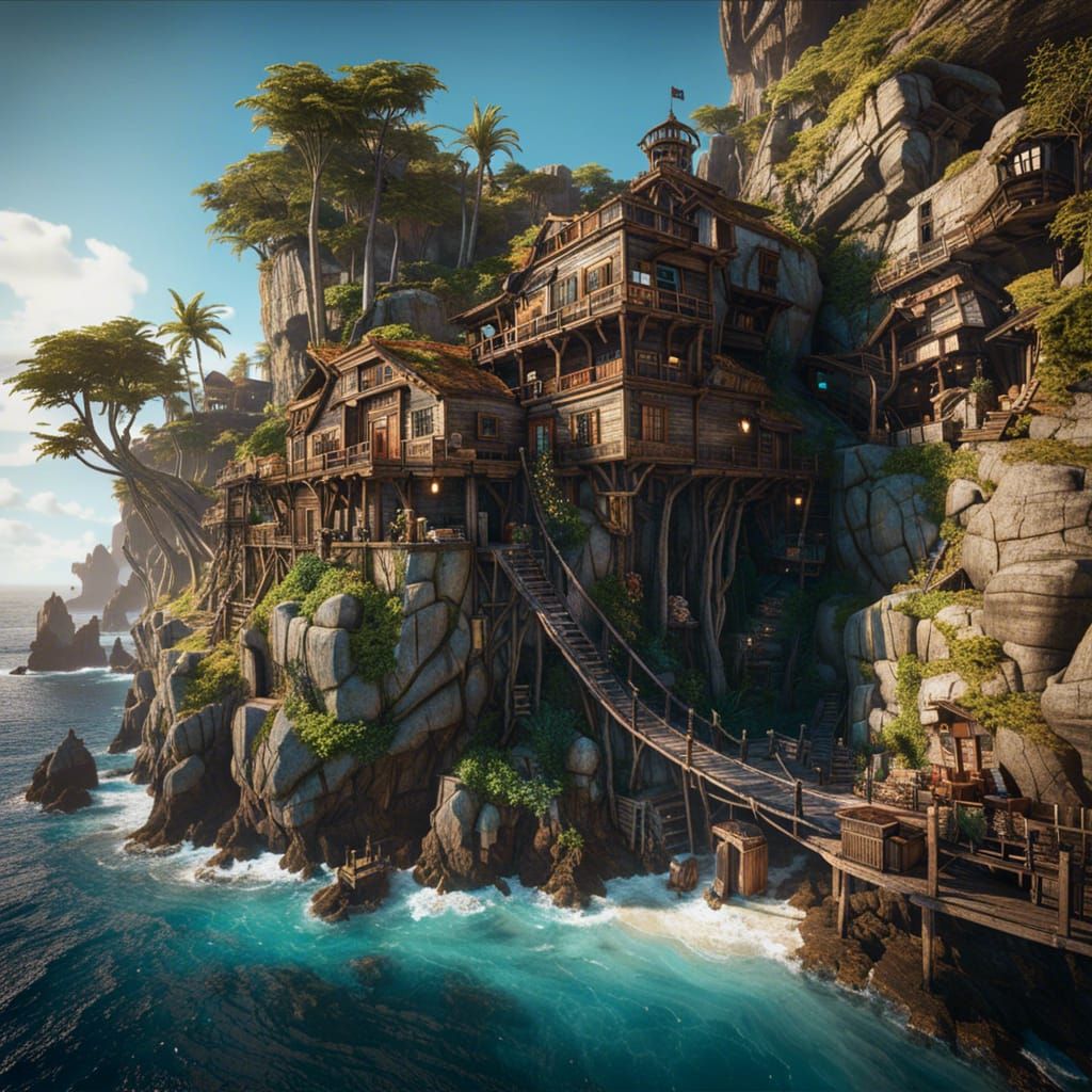 Secret Pirate Hideout on Rocky Island, Digital Art