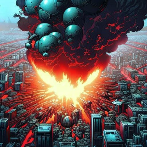 Apocalyptic Nuke Explodes Over Cyberpunk City, Comic Art