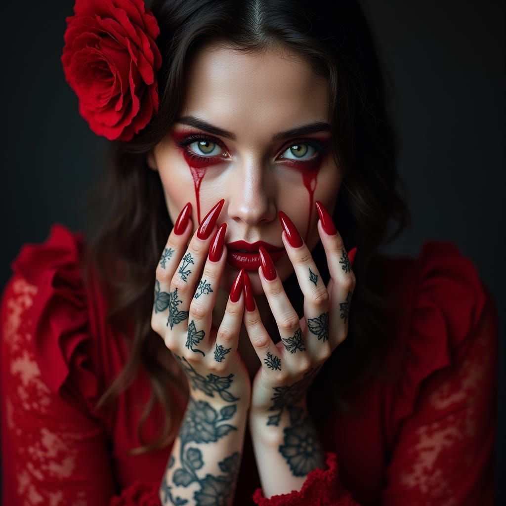 Ethereal Woman Held by Red-Nailed Hands in a Field of Roses