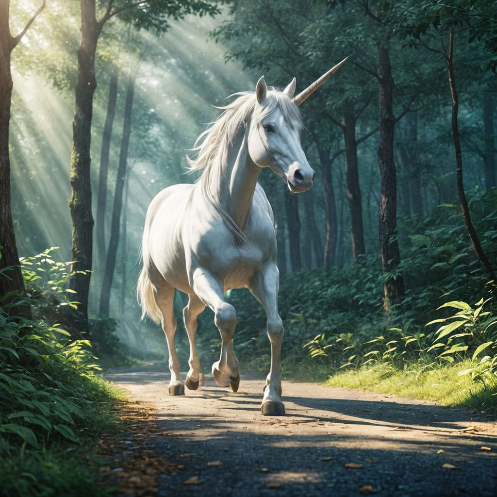 A Unicorn Steps Out of Morning Forest in Vibrant Anime Style