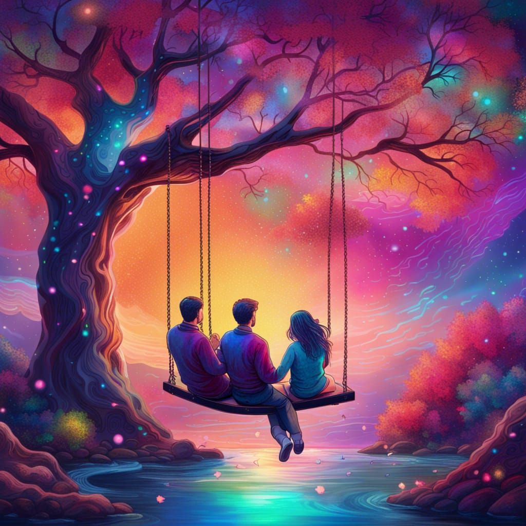 Couple Swinging in Colorful Tree: Cosmic Illustration
