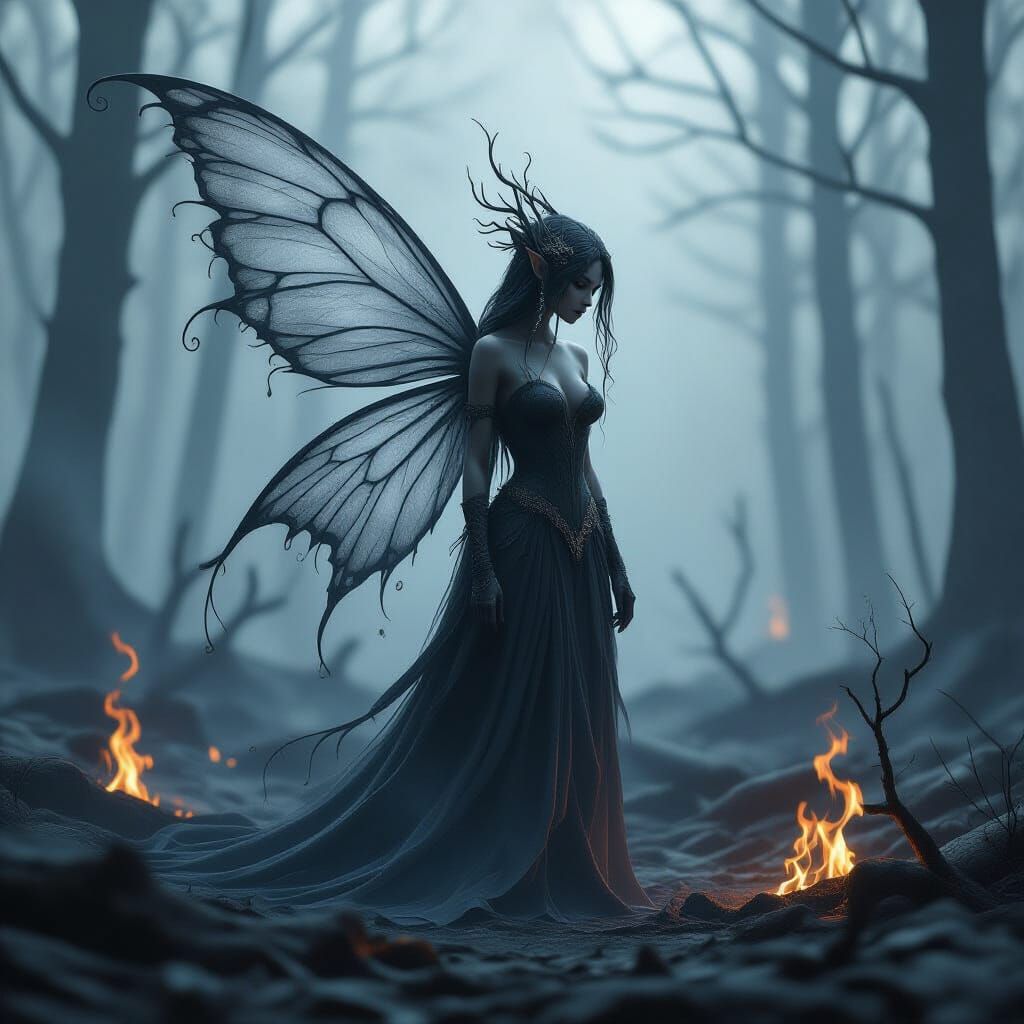 Ash Fairy in Charred Forest: Dark Fantasy Art
