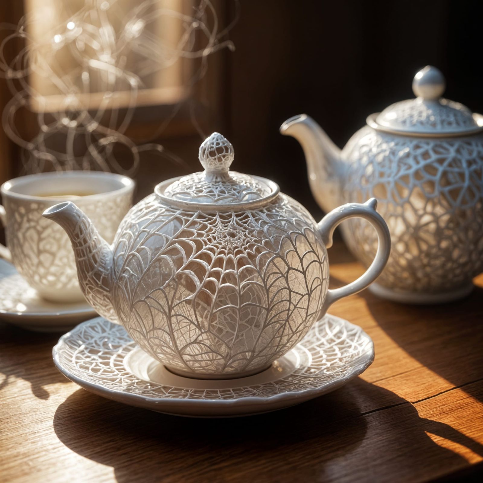 Intricate Spiderweb Teapot Set in Sunlight