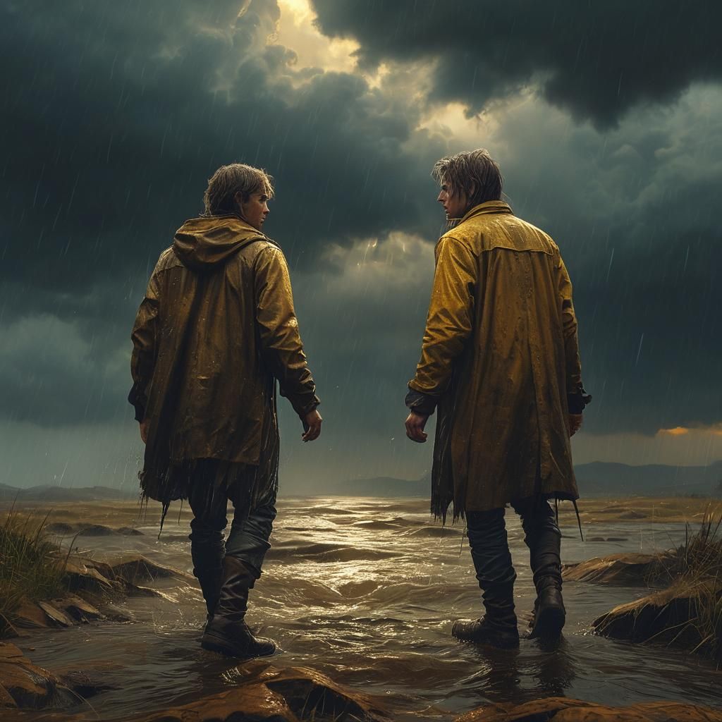 Dramatic Confrontation in Stormy Landscape: Hyperrealistic A...