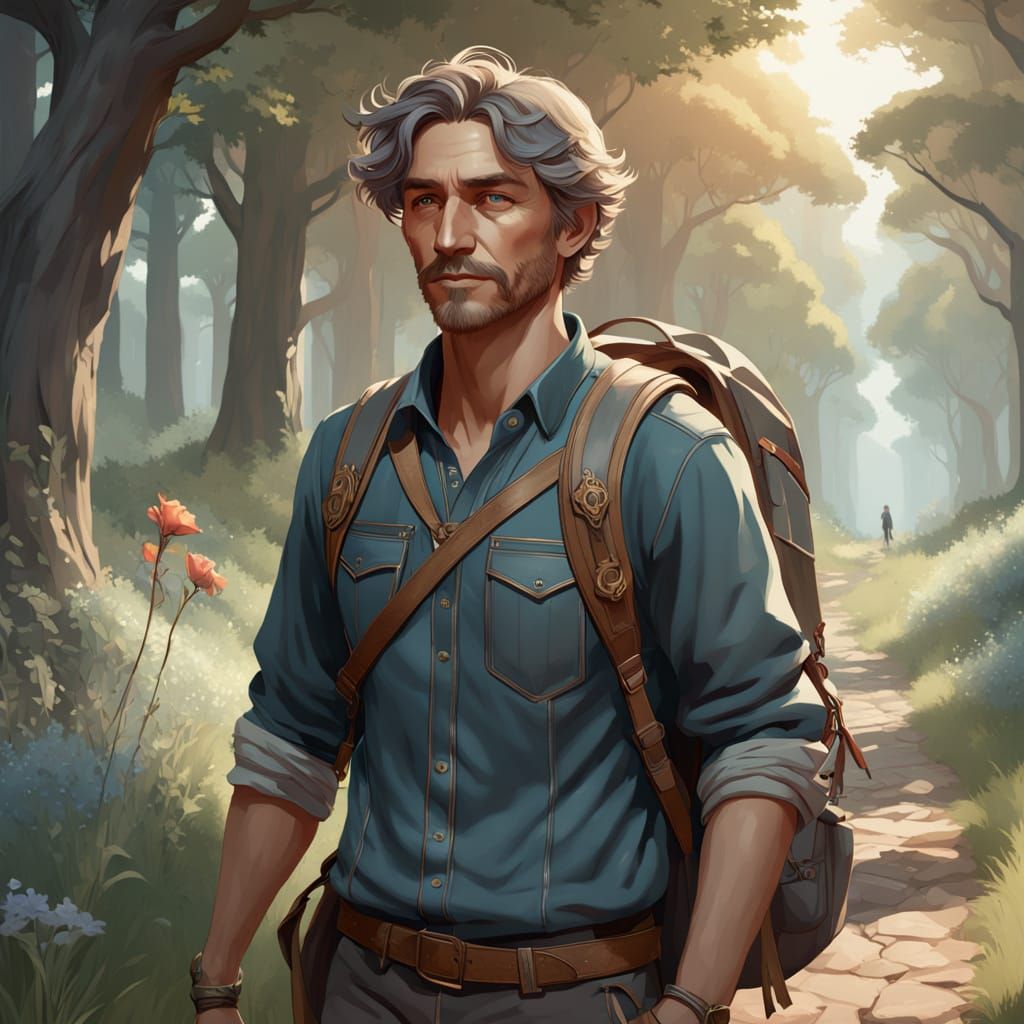 Contemplative Traveler Amidst Serene Countryside