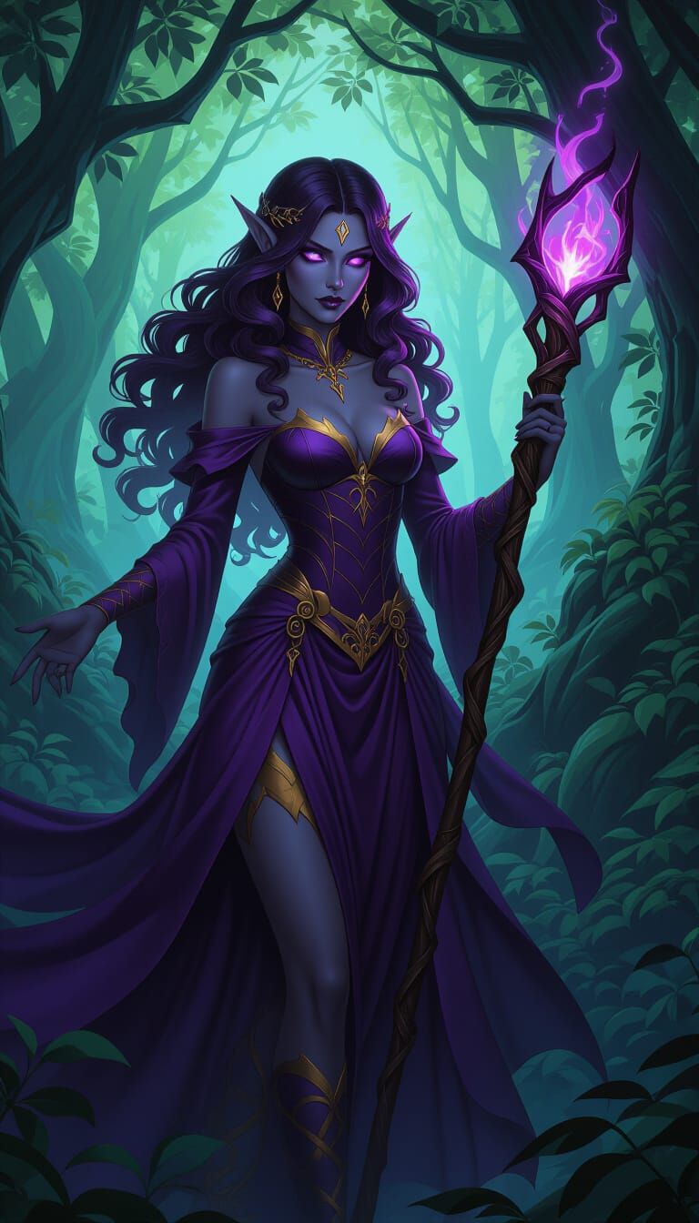 Dark Elf in Enchanted Forest, Art Nouveau Style