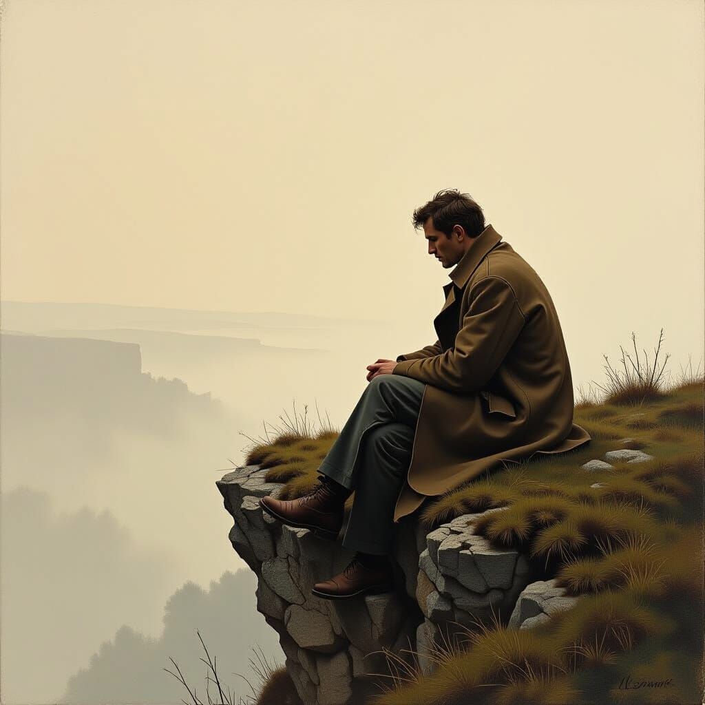 Contemplative Figure on Cliff in Romantic Style