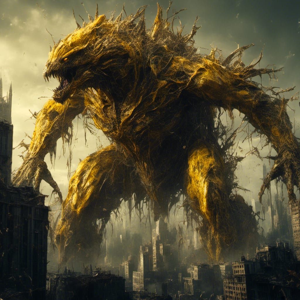 Gigantic Yellow Kaiju Demolishing Metropolis