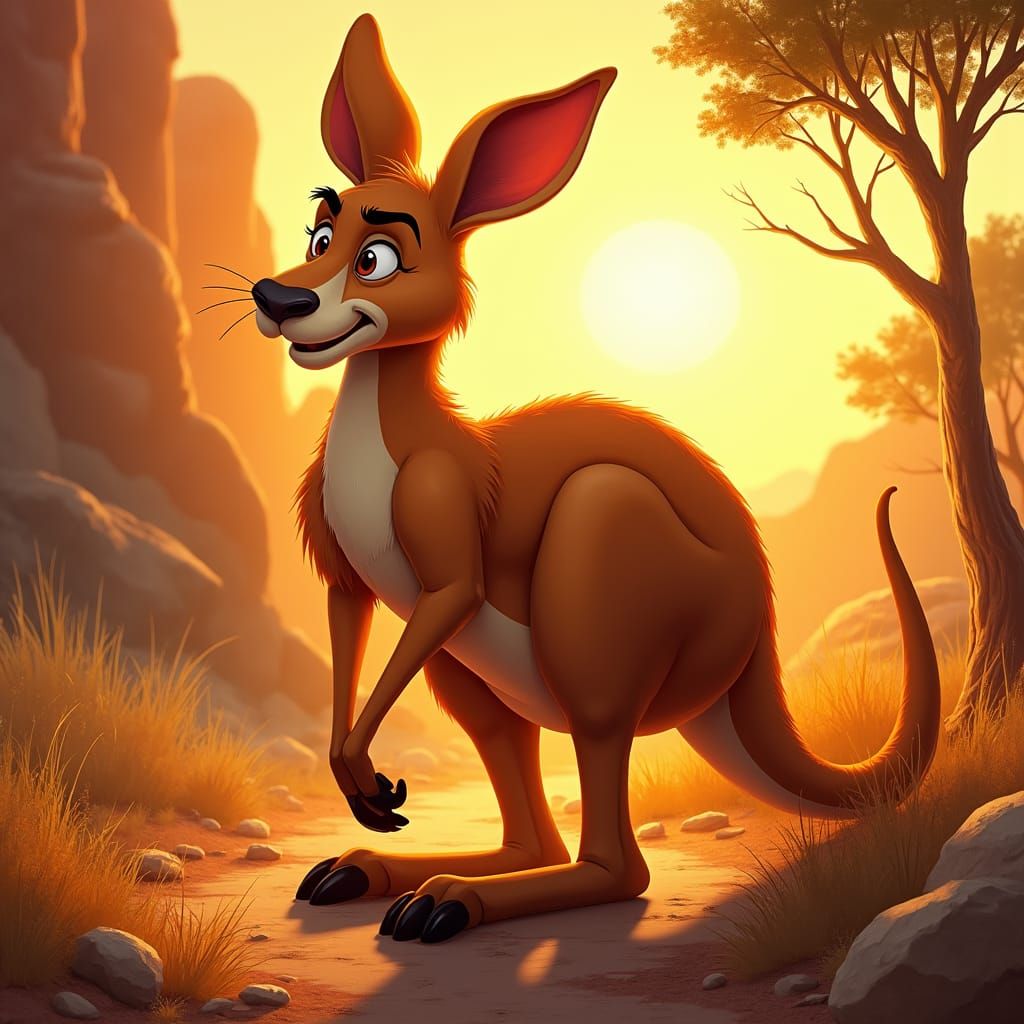 Kangaroo in Golden Hour Light, Animated Style Painting