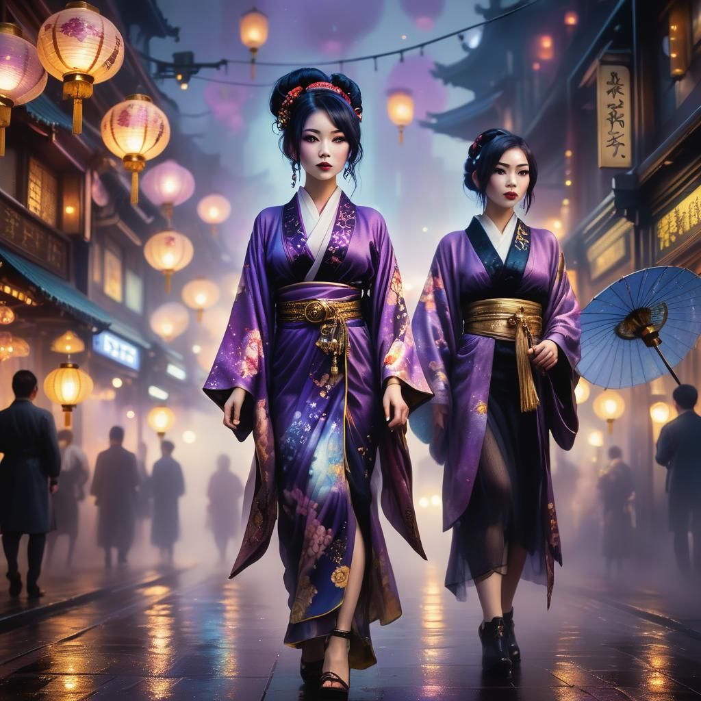 Oriental Steamgoth in Steampunk Tokyo at Night