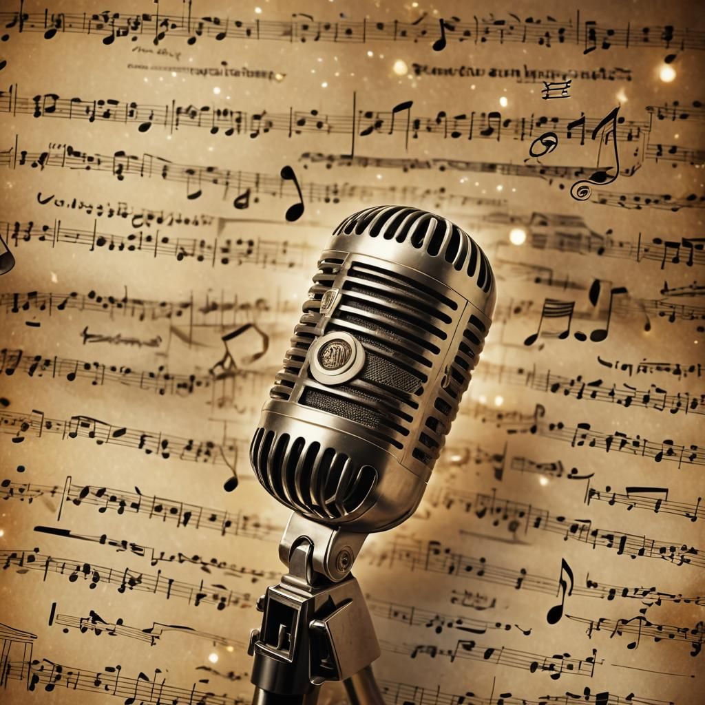 Vintage Microphone with Swirling Music Notes
