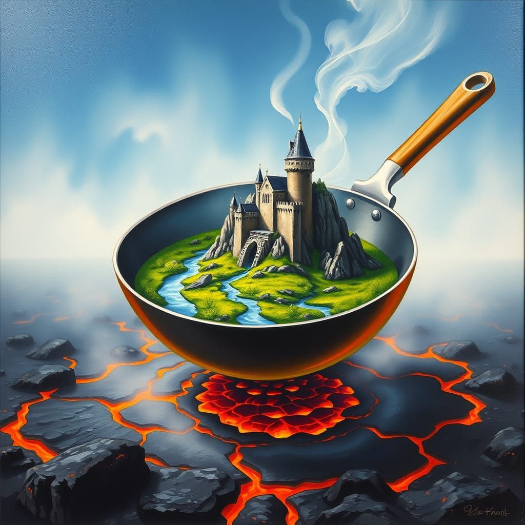 A rocky stone castle embedded in a small landscape fully enclosed within a frying pan. The frying pan floats on a bubbli...