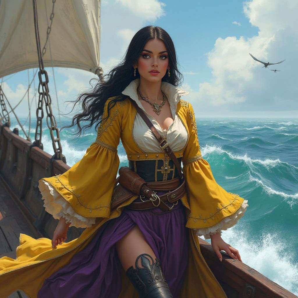 Pirate Woman in Yellow and Purple on Ship
