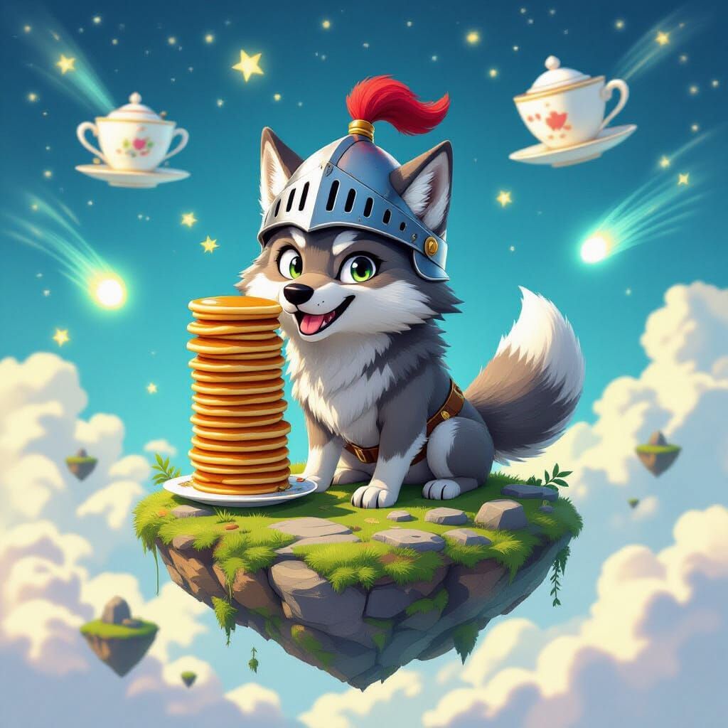 Mischievous Wolf Knight Balances Pancakes on Floating Island