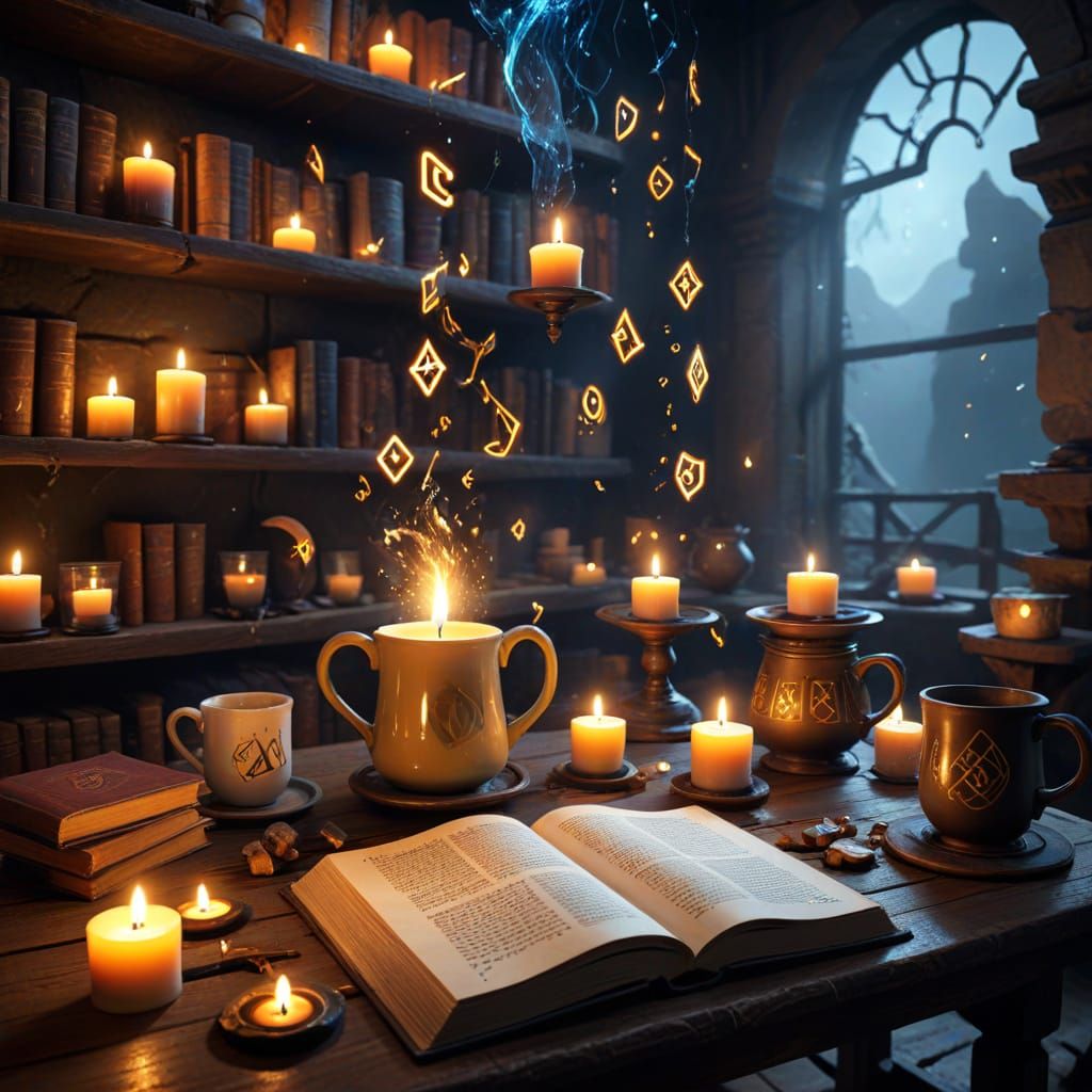 Magician's Workshop with Floating Runes and Glowing Mugs