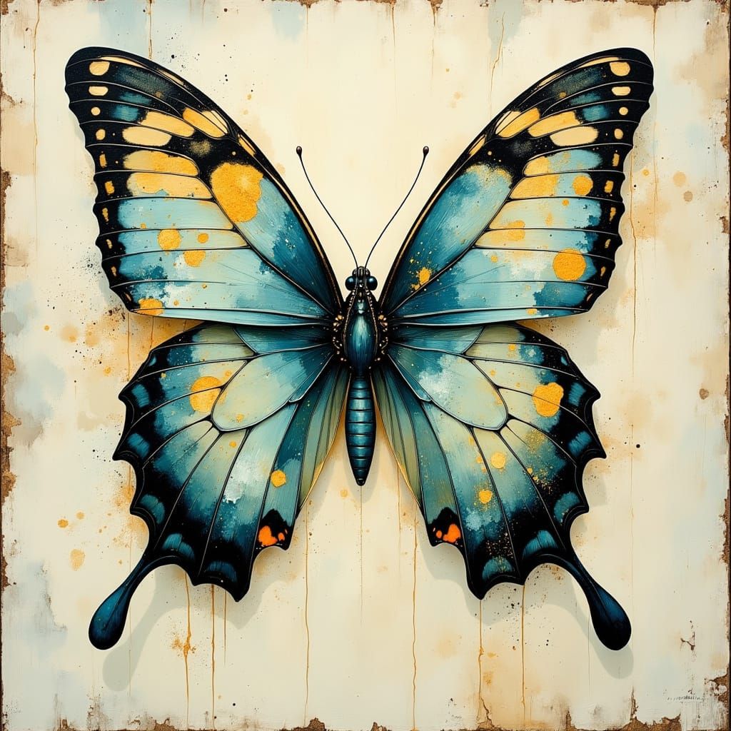Magnificent Teal and Gold Butterfly in Oil Painting Style