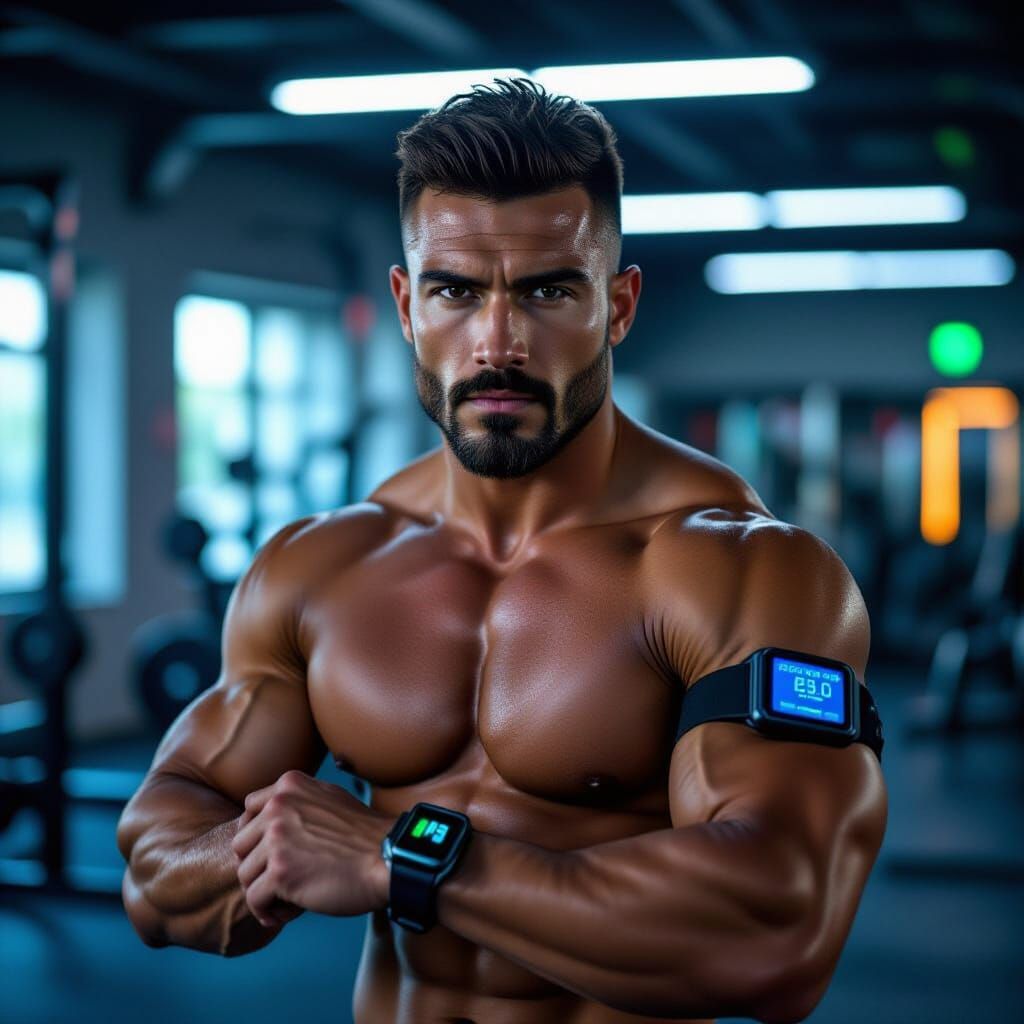 Brazilian Man Poses in a Neon Gym, Hyperrealistic Photograph...