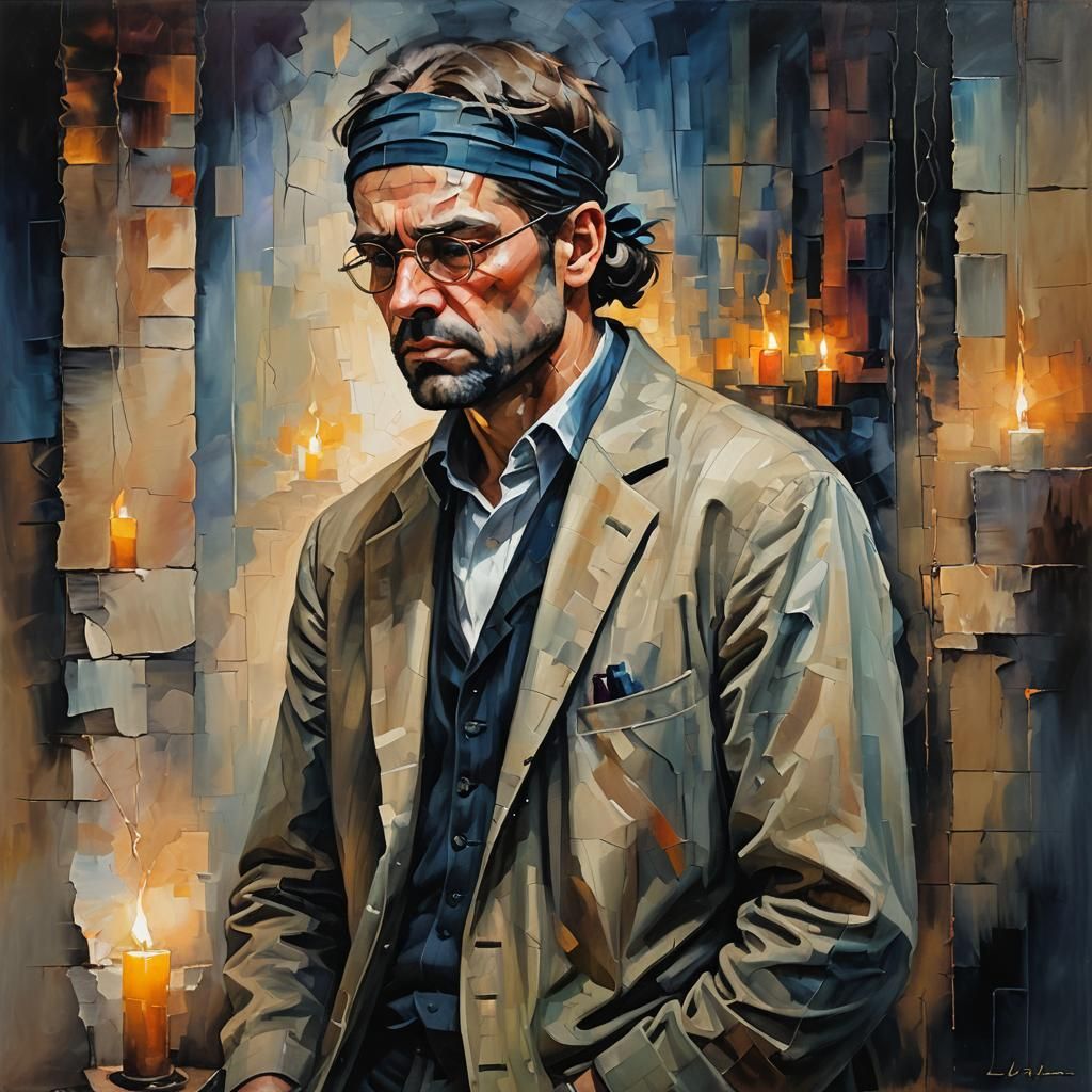 Somber Blindfolded Man Portrait as Oil Painting