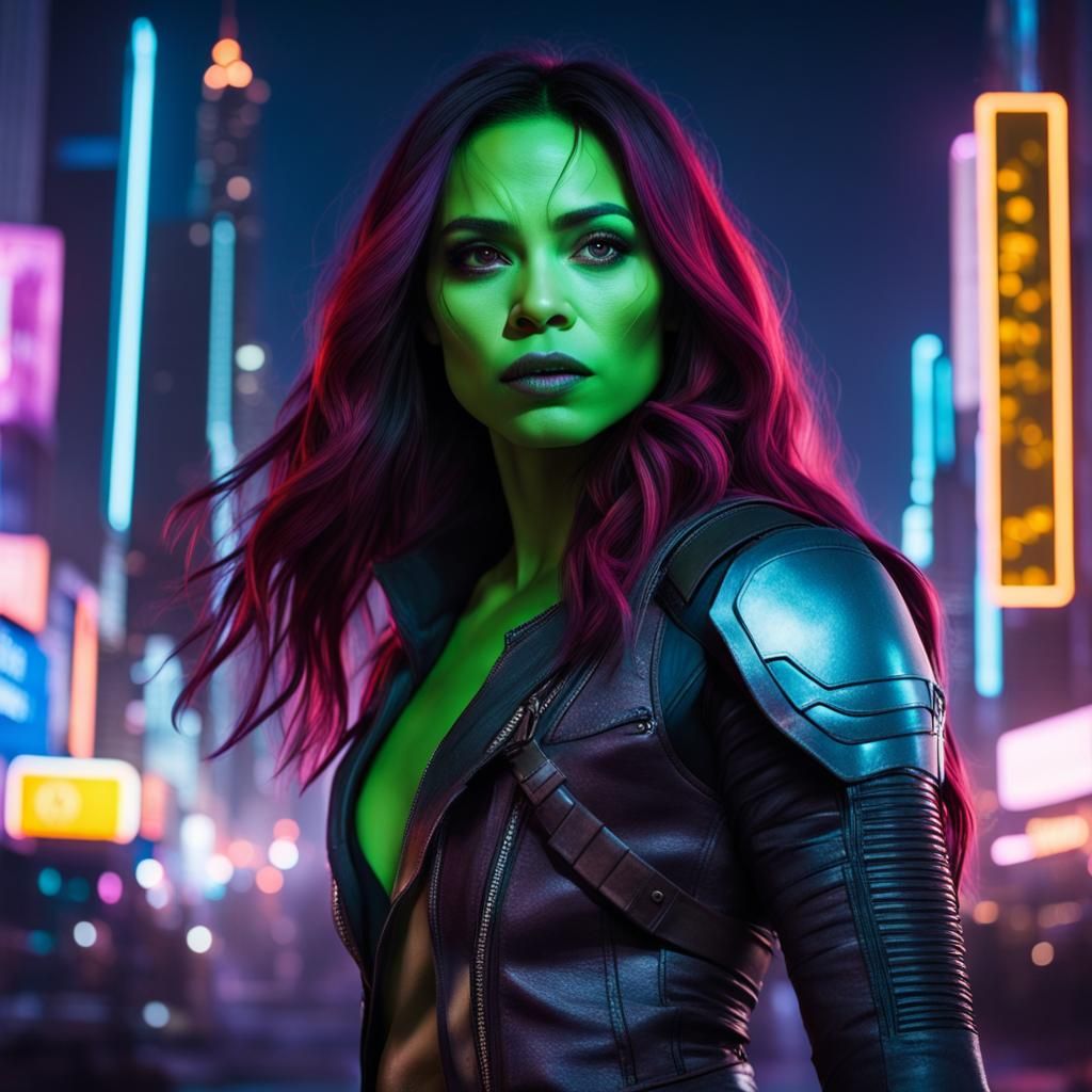 Gamora in Extraterrestrial Cityscape with Neon Lights