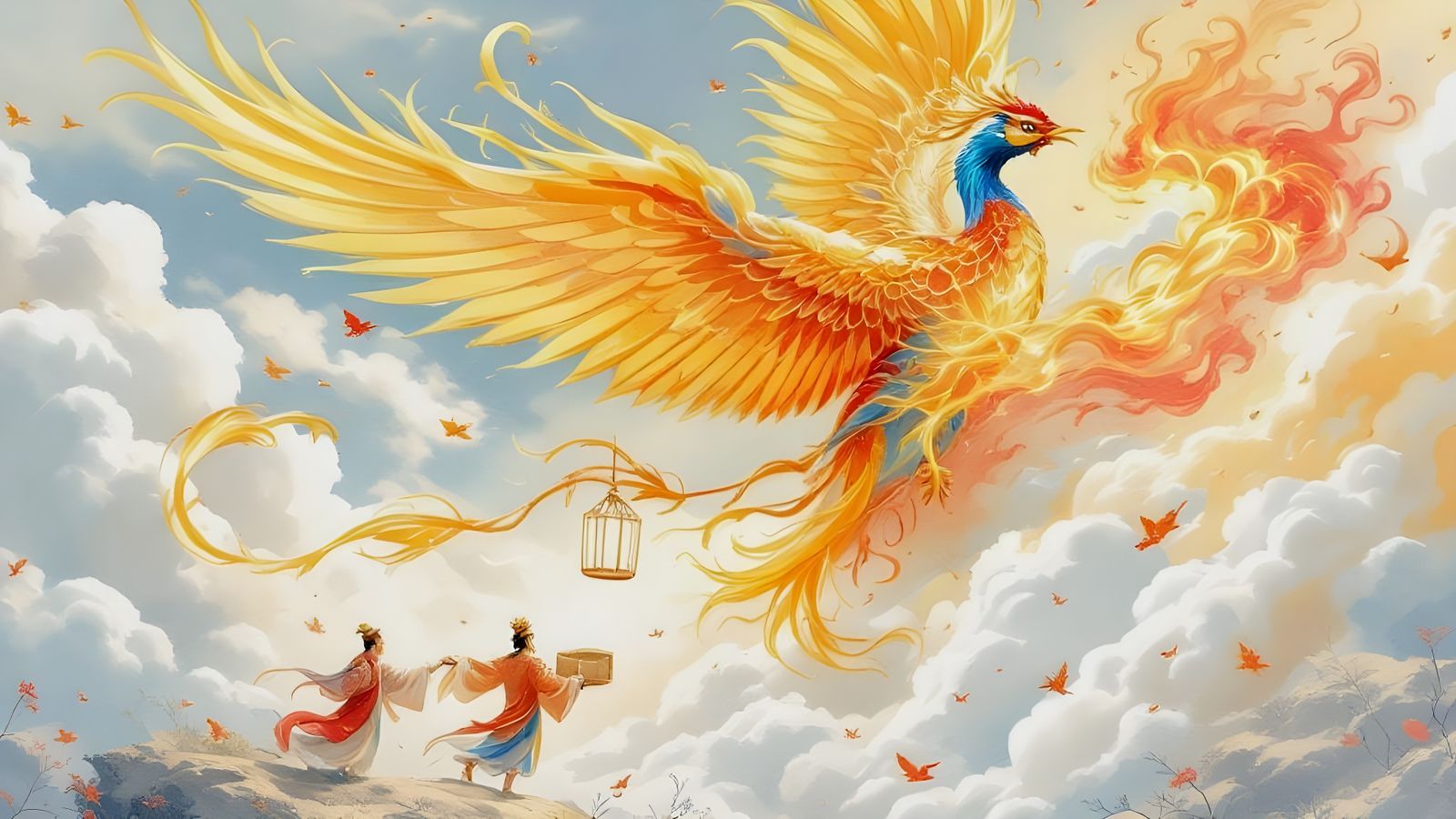 Majestic Fenghuang in Flight: A Chinese Watercolor Painting